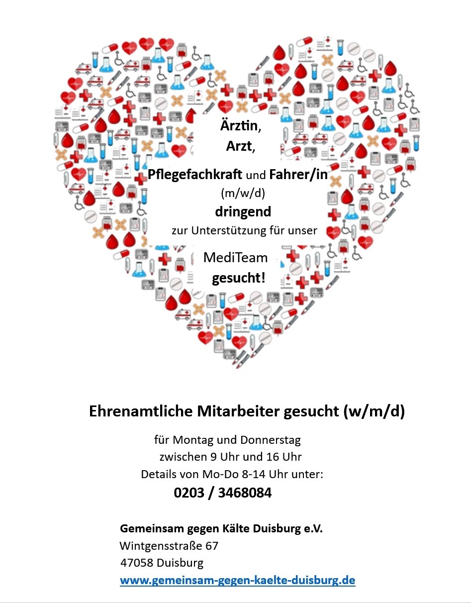 Herz aus medizinischen Symbolen mit Text: Ärztin, Arzt, Pflegefachkraft und Fahrer/in dringend gesucht für MediTeam. Ehrenamtliche Mitarbeiter gesucht für Montag und Donnerstag, 9 bis 16 Uhr. Kontakt 0203/3468084, Gemeinsam gegen Kälte Duisburg e.V.